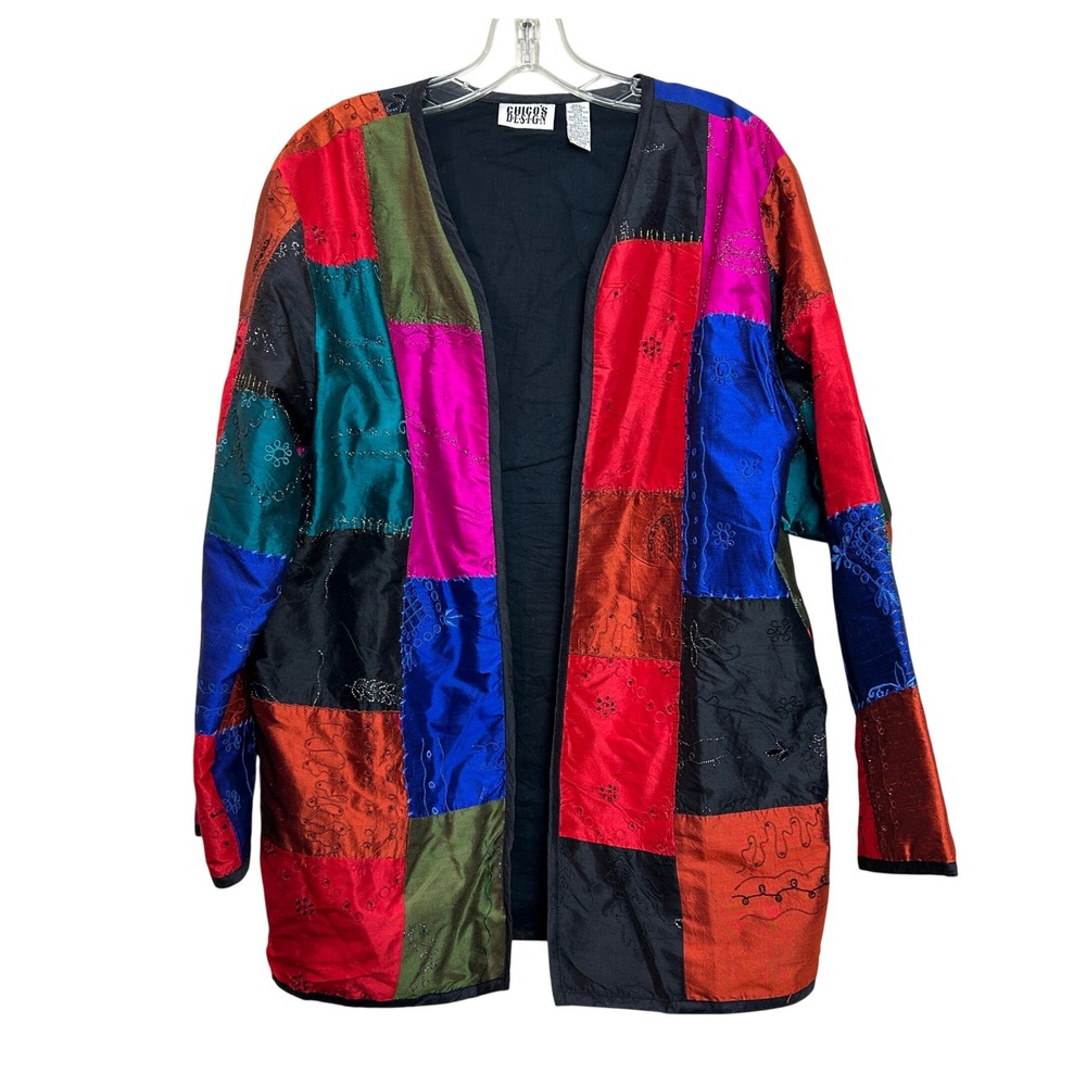 Chico's Design Patchwork Jacket Womens L Colorful Silk Festival Artsy Boho Chic
